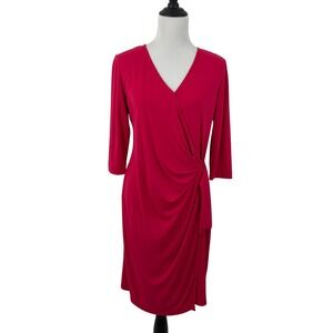 St. John For Nordstrom Faux Wrap Dress Size 10 Red/Pink 3/4 Sleeve V-Neck Draped